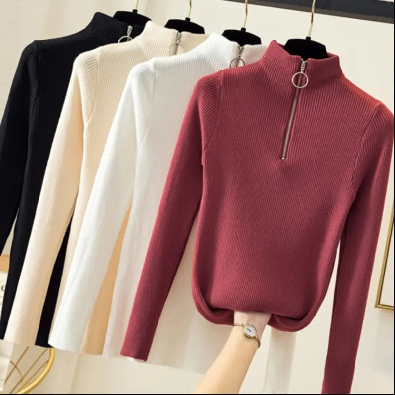 Knitted Women Zipper Half High Neck Sweater Pullovers Autumn Winter Basic Women Sweaters Slim Solid Knitwear Pull Femme Tops Main image
