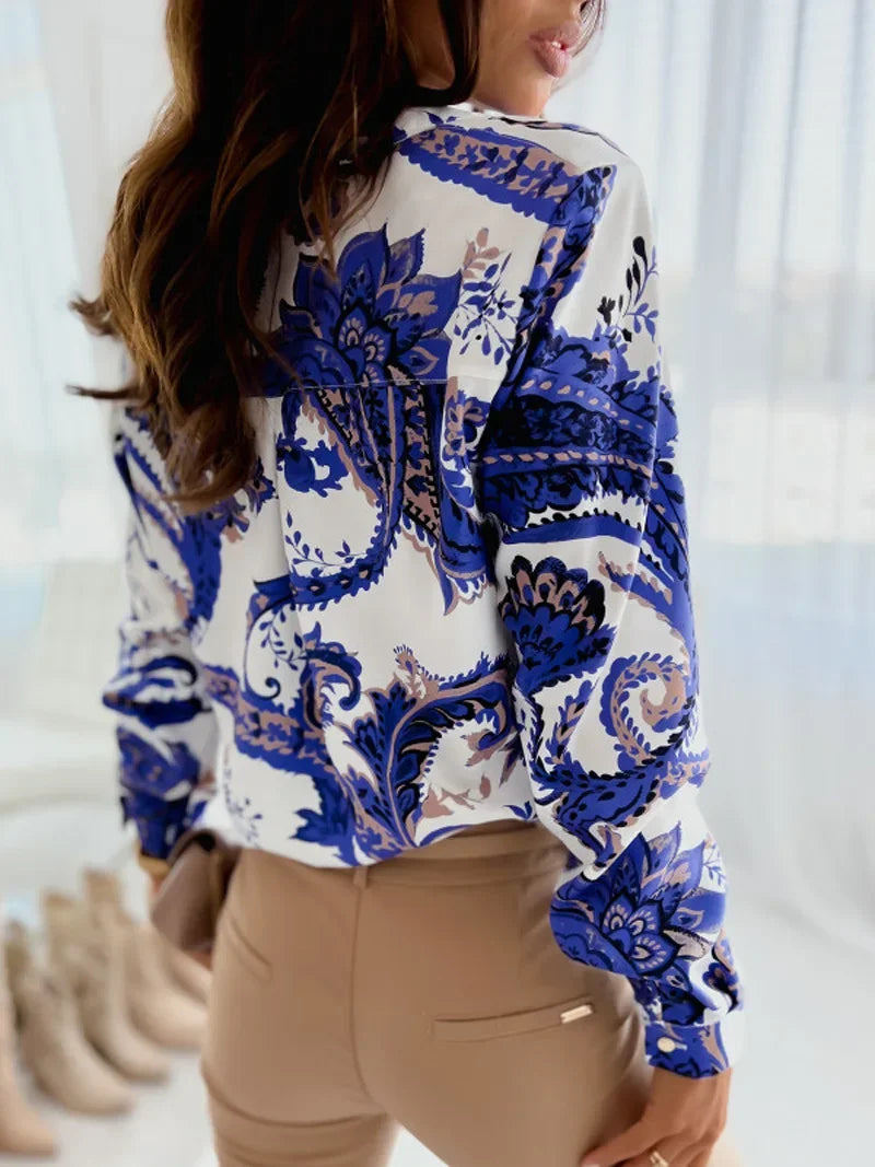 Women Geometric Print Shirt, Spring and Autumn Fashion Long-sleeved Shirts, Camisa Girls Chemise Size S M L XL XXL