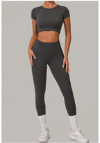 2PCS Yoga Set Gym Clothes Seamless Sportswear Yoga Suits Women Fitness Tracksuits Sports Short Sleeves Gym Leggings Sports Suits