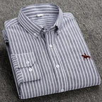 Casual Pure Cotton Oxford Mens Shirts Long Sleeve Embroidery Horse Design Regular Fit Fashion Button Man White Dress Shirt