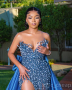 EVLAST Customized Blue Mermaid Prom Dress Pearls Beaded High Slit Detachable Train Evening Gown For Special Occasion E3P386