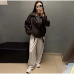 Vintage Zippers Short Leather Jackets Women's Casual Lapel Button Pockets Full Sleeve Coat 2025 Autumn New Lady Chic Streetwear