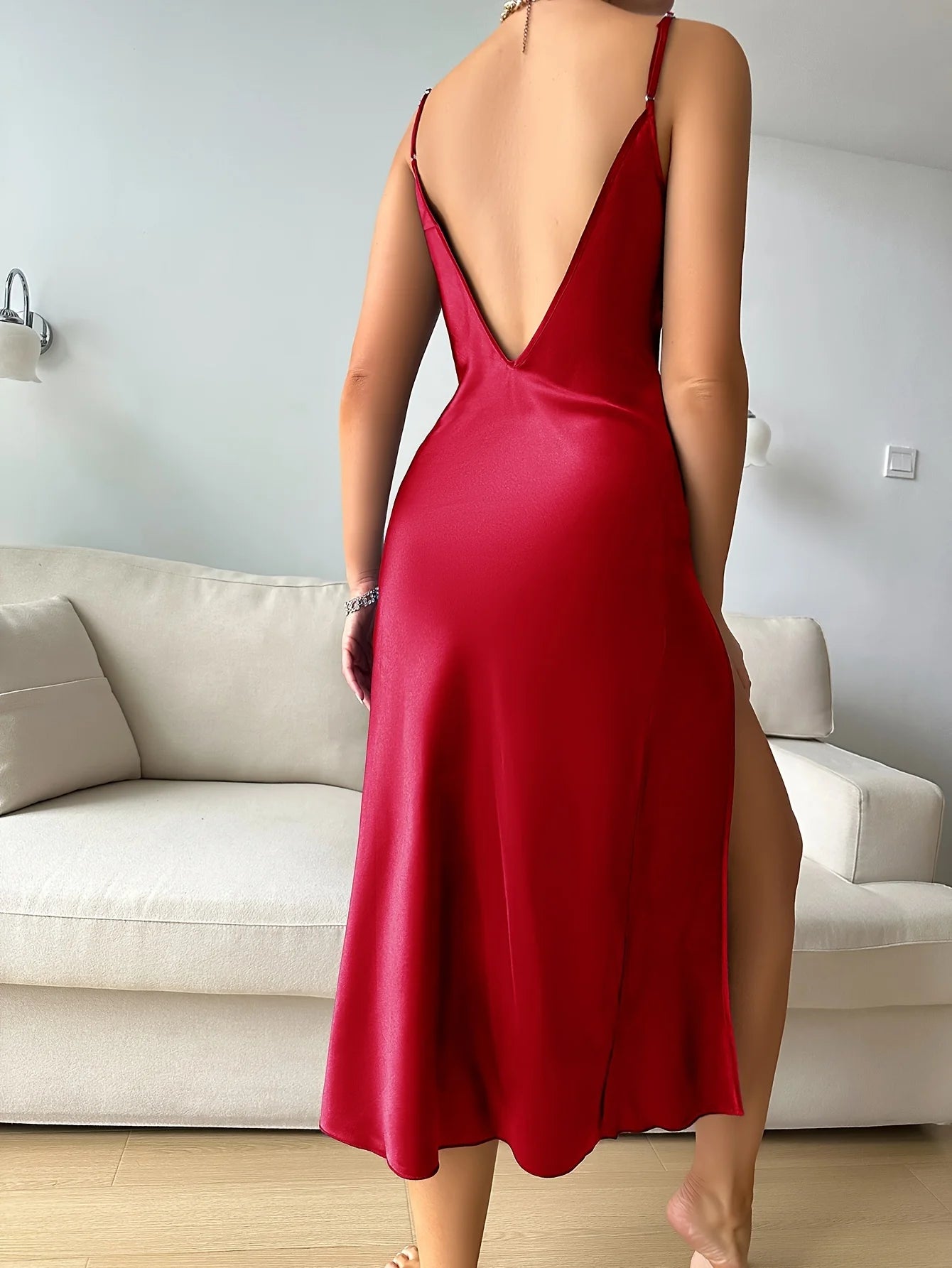 Women's Elegant Solid Satin Nightdress Slim Strap High Slit Lightweight Luxurious Loungewear