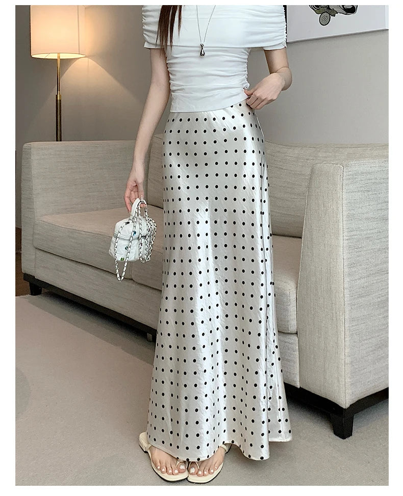 Women Polka Dot Acetate Satin Mermaid Maxi Skirt High-Waisted Slimming Fishtail Hem with Draped Elegance for Spring Autumn