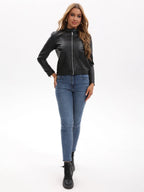 Black Women's Fitted Leather Jacket with Front Zipper & Side Pockets‌, Available in Brown, Navy Blue, and Beige.