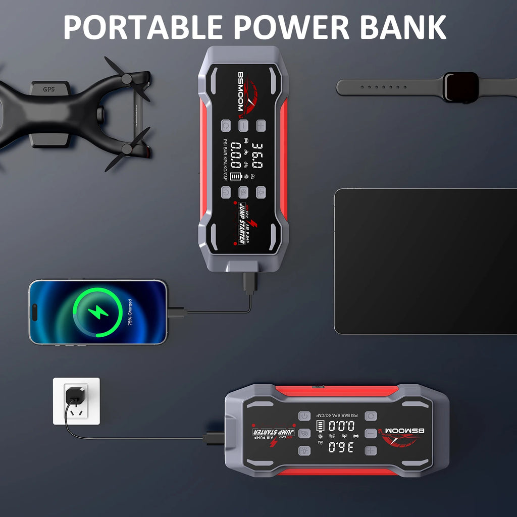 Car Jump Starter With Air Compressor Jump Starter Power Bank Portable Battery Starter 150PSI Air Pump With LED Light