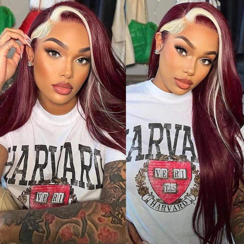 99J/613 Colored Highlight 13x4 Hd Transparent Straight  Lace Front Wigs Omber Blonde With Burgundy Red Human Hair Wigs Brazilian