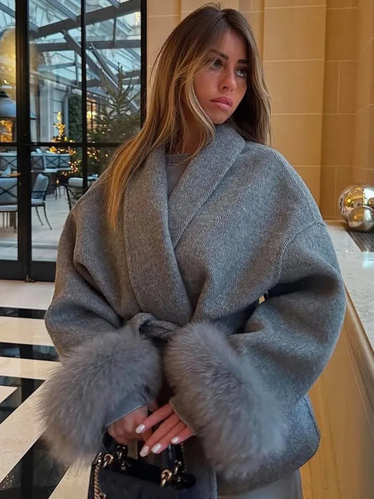 Elegant Lace Up Woolen Short Coat Solid Loose Lapel Furry Belt Long Sleeve Jacket Female 2025 Autumn Winter Lady Chic Cardigan