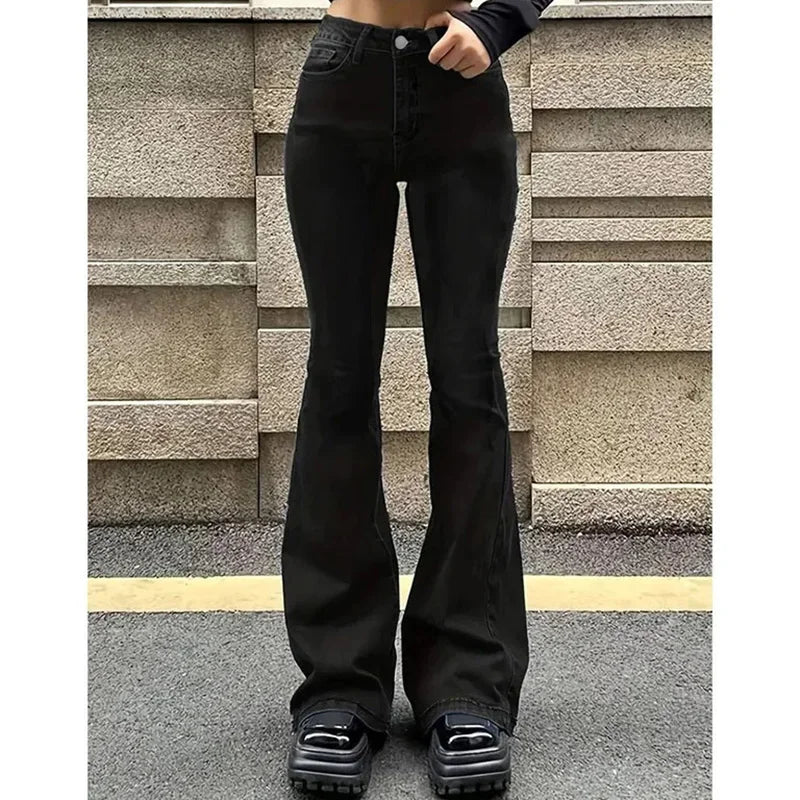 2026 Girls Concise Ins High Waist Flared Jeans Female Stretchy Bootcut Denim Pants Women Solid Color Thin Bell Bottoms Trousers