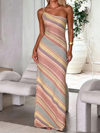 Color Blocked Knitted Long Dress Women Elegant Off Shoulder Corset High Split Vestidos 2026 Lady Daily Beach Vacation Wear New