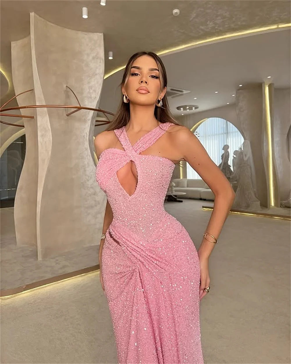 Mila Halter Neck Mermaid Prom Dresses Cut-out Sleeveless Evening Dresses Floor-Length Shiny Sequins Customized Party Dresses Secondary image