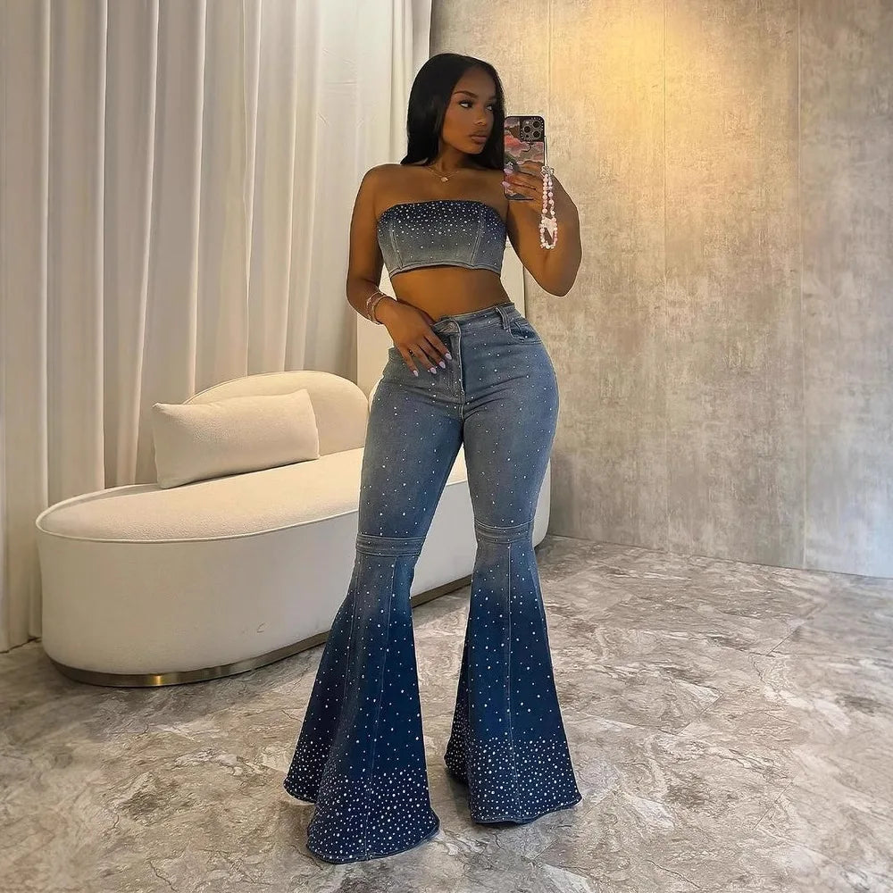 Denim Pant Set Women Two Piece Sets Sexy Matching Sets Sleeveless Short Tops Long Flare Pants High Waist Slim Hot Diamond Secondary image