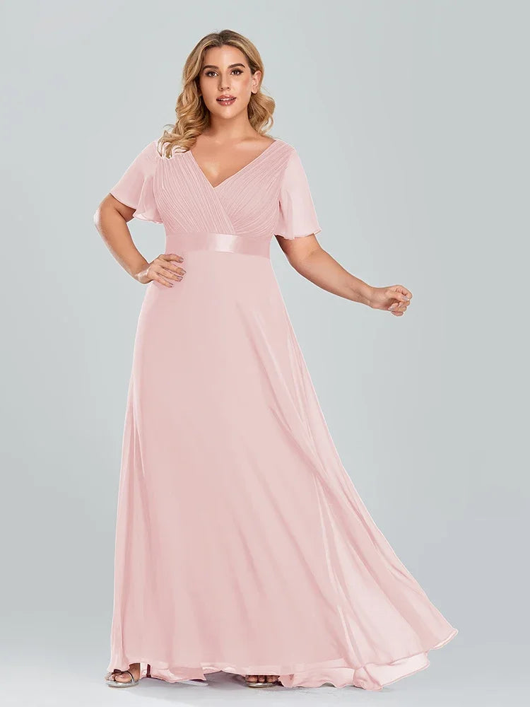 Prom Dresses Plus Size Evening Dresses Long  Elegant A Line V Neck Ruffles Chiffon Formal Wedding Party Dress Robe De Soiree