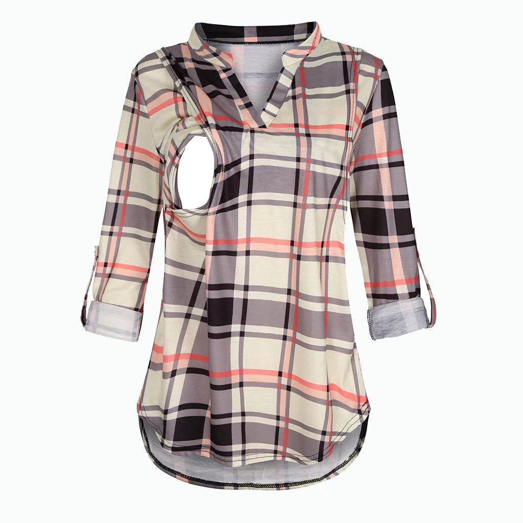 Women's Maternity Breastfeeding T-shirt V-Neck Solid Color Long Sleeve Nursing Tops Clothes for Pregnant Women
