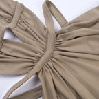 Halter Cut-Out Draped Super-Cut Back Bare Elegant Party Maxi Dress Waistless Backless Sleeveless Khaki Evening Prom Long Dress