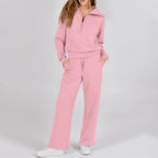 Solid Two-piece set Women Fashion Long Sleeve Zipper Sweater Pullover Tie up Pocket Wide Leg Pant Suit Loose Casual Sport Sets
