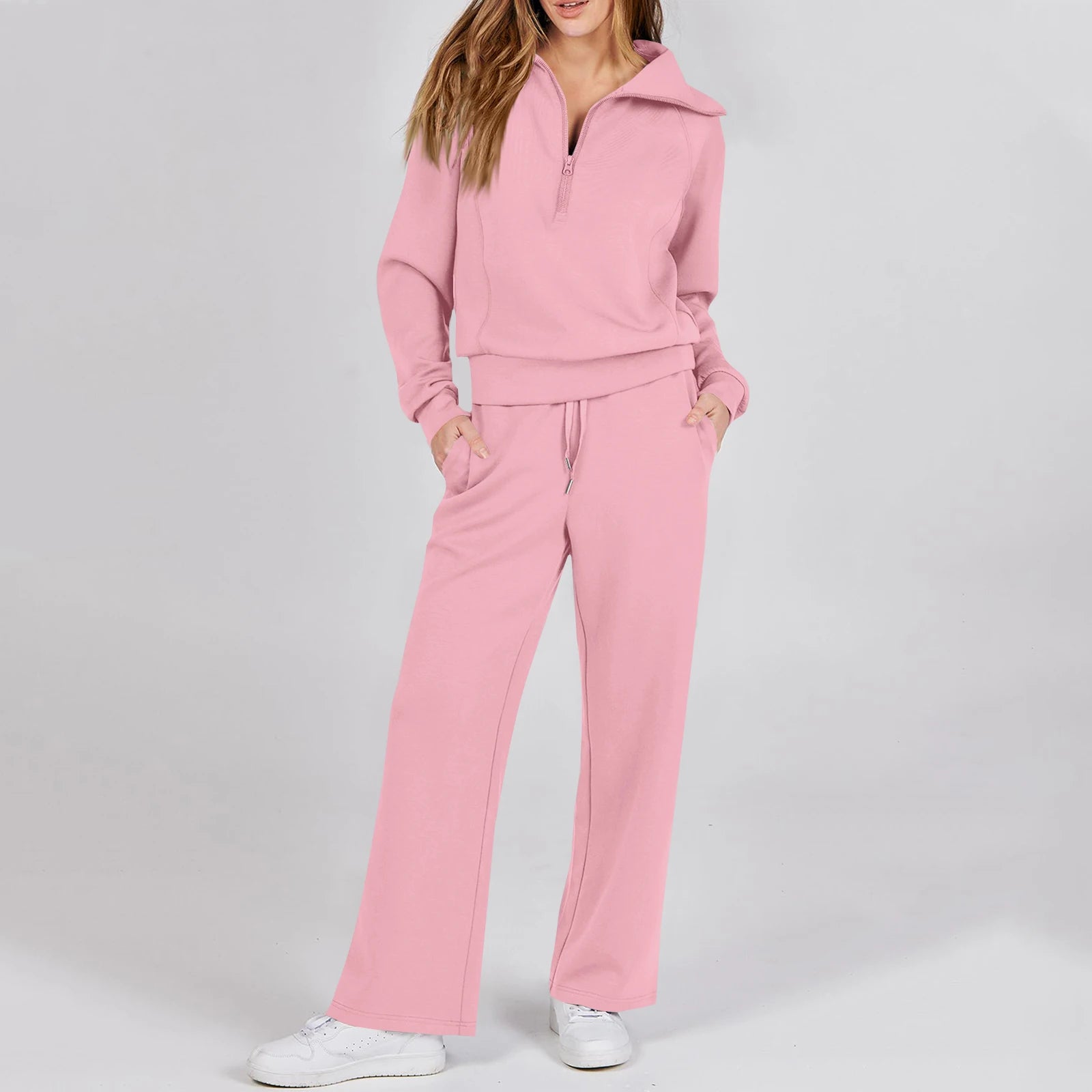 Solid Two-piece set Women Fashion Long Sleeve Zipper Sweater Pullover Tie up Pocket Wide Leg Pant Suit Loose Casual Sport Sets