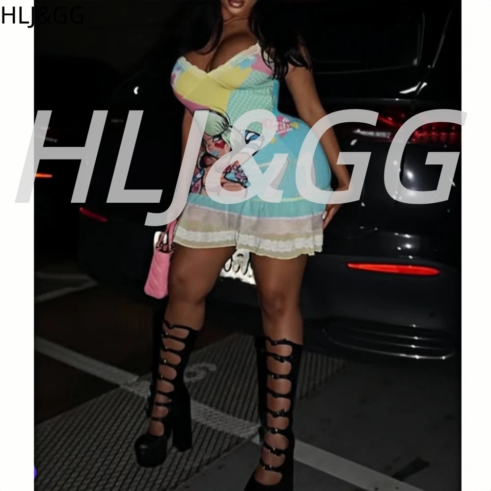 HLJ&GG Y2K Fashion Lace Splicing Bodycon Spaghetti Strap Mini Dresses Women Sleeveless Backless V Neck Slim Vestidos Streetwear