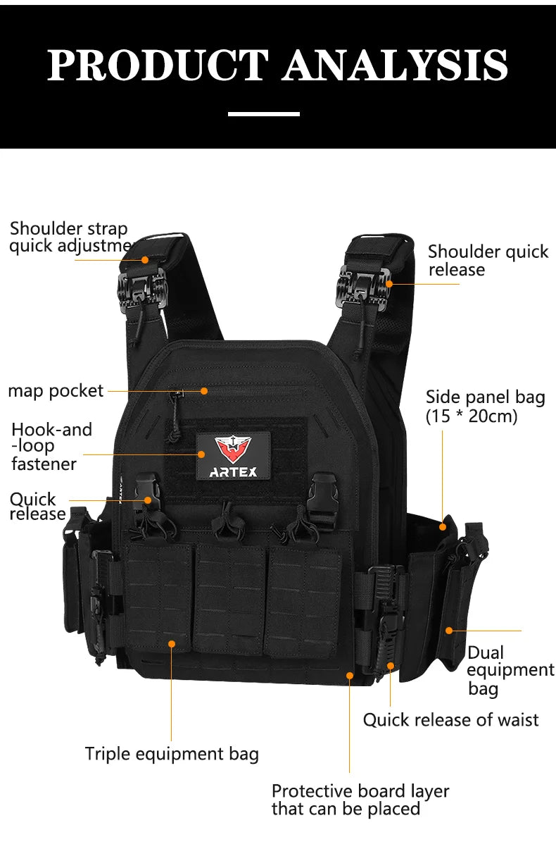 Artex New Combat Vest 6094 Quick Detachable Light Laser Cut Tactical Vest Black Gear to Carry Airsoft Carrier Combat equipment