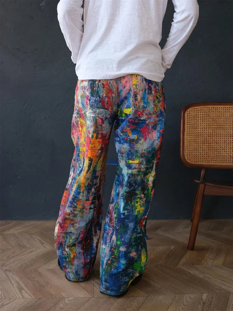 2025 Ropa Y2K Streetwear Graffiti Painting Baggy Jeans Pants For Men Designer Clothes Colorblock Kanye Wide Leg Denim Trousers