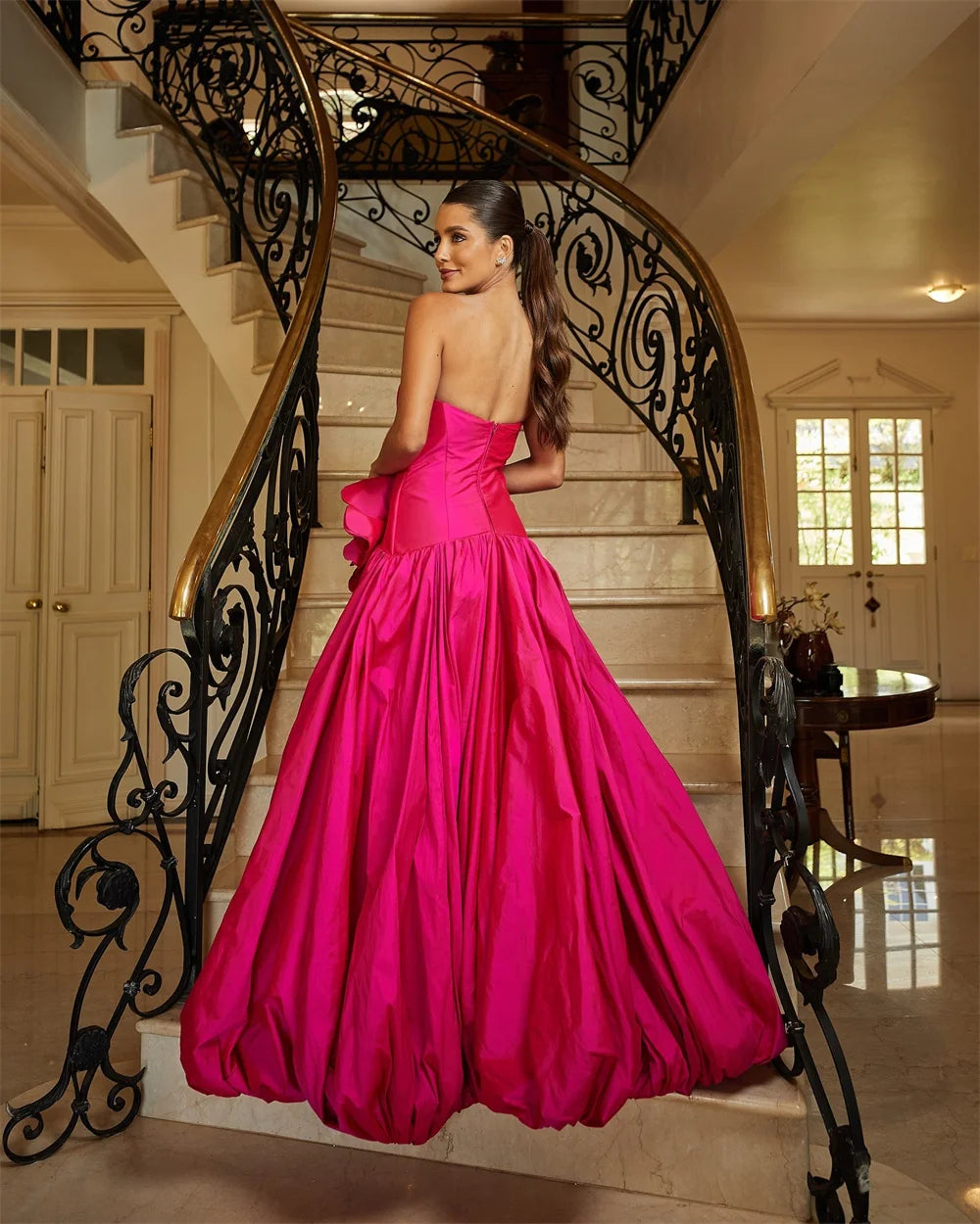 Amanda Customized Pink Strapless 3D Flower Prom Dresses Pleated Sleeveless vestidos de noche Mermaid Floor-Length Formal Evening