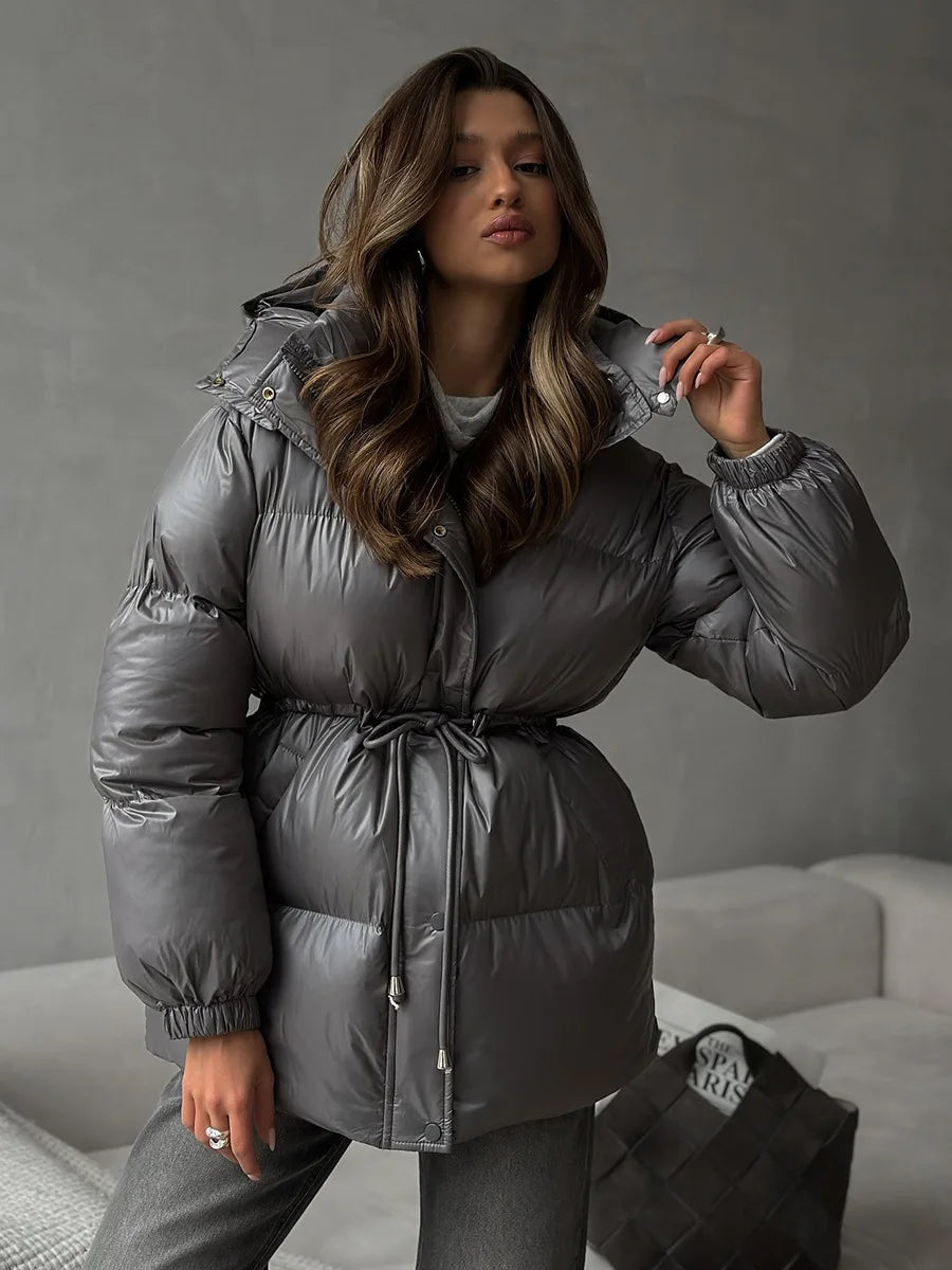 Bornladies Drawstring Slim Fit Cotton Jacket Women's  Winter New Hooded Zipper Cotton Robe Comfortable Warm Bread Jacket