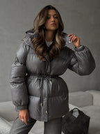 Bornladies Drawstring Slim Fit Cotton Jacket Women's  Winter New Hooded Zipper Cotton Robe Comfortable Warm Bread Jacket