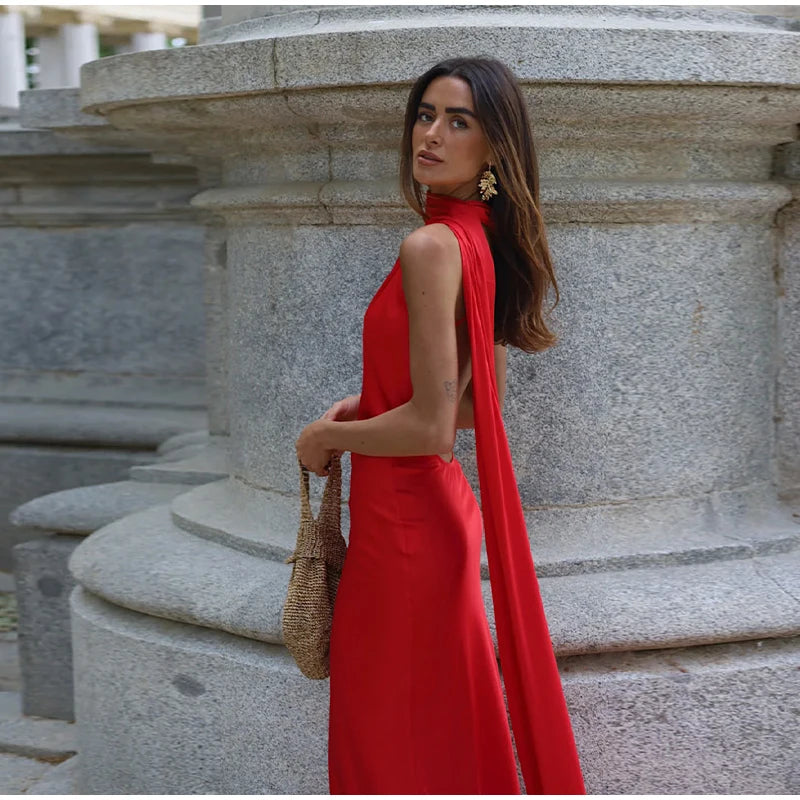Elegant Ribbon Halter Dress Women Solid Off Shoulder Sleeveless Backless Slim Maxi Dresses 2026 Summer Autumn Party Robes Lady