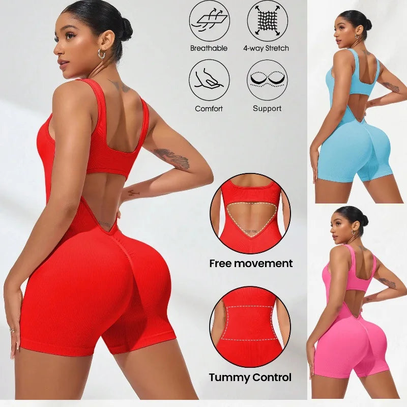 Sexy Backless Women Yoga Rompers U Neck Sleeveless Threaded Jumpsuit Solid Color Elastic Bodysuit Without Bust Pads Streetwear