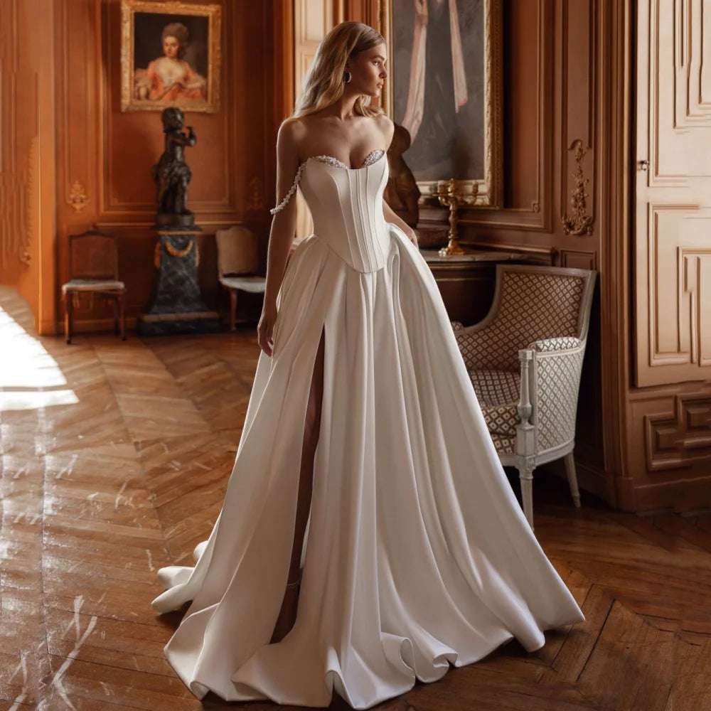 Classic Wedding Dresses Customized Elegant Off Shoulder Bride Dress Pearl Split A Line Lace Up Bridal Gowns New Vestido De Novia Main image