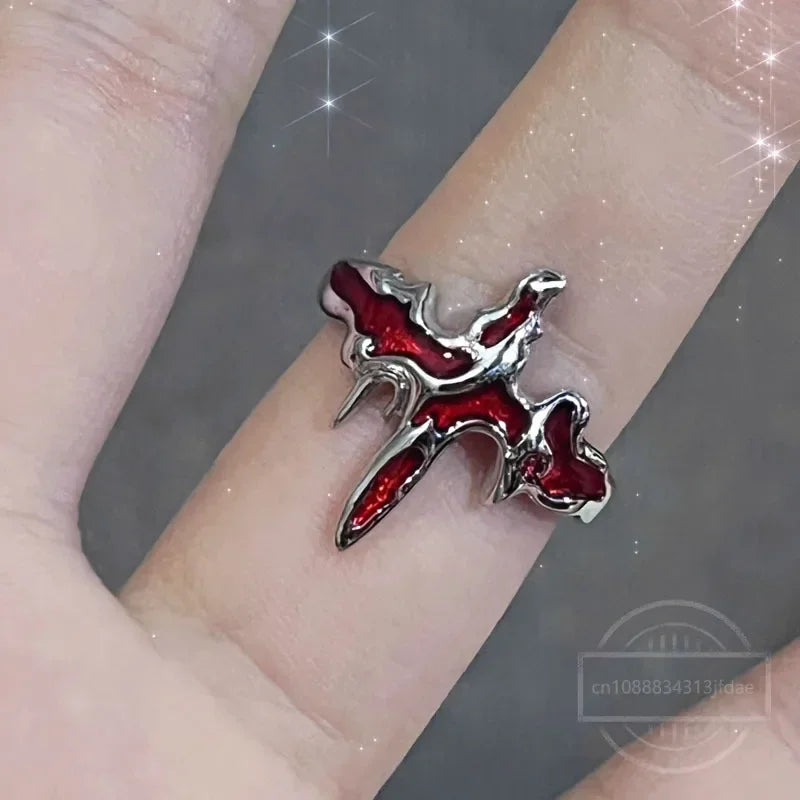 Irregular Red Crystal Glass Heart Aesthetic Rings For Women Y2K Gothic Animal Spider Ring Creative Grunge Jewelry Accessories