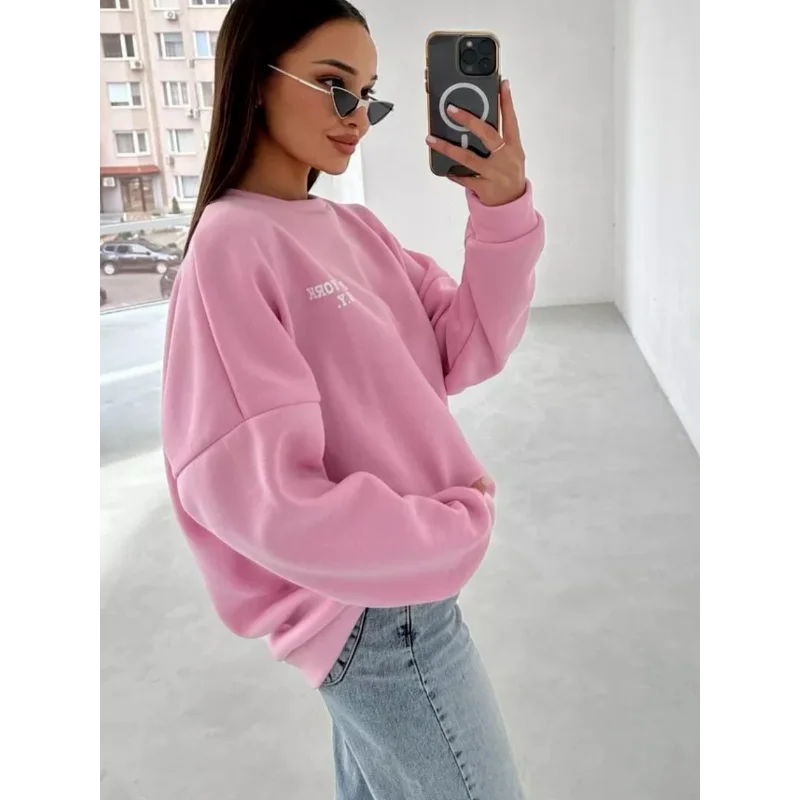 Popular Letter Printing Autumn Winter Loose Versatile Temperament Lazy Style Casual Round Neck Sweatshirt for Women