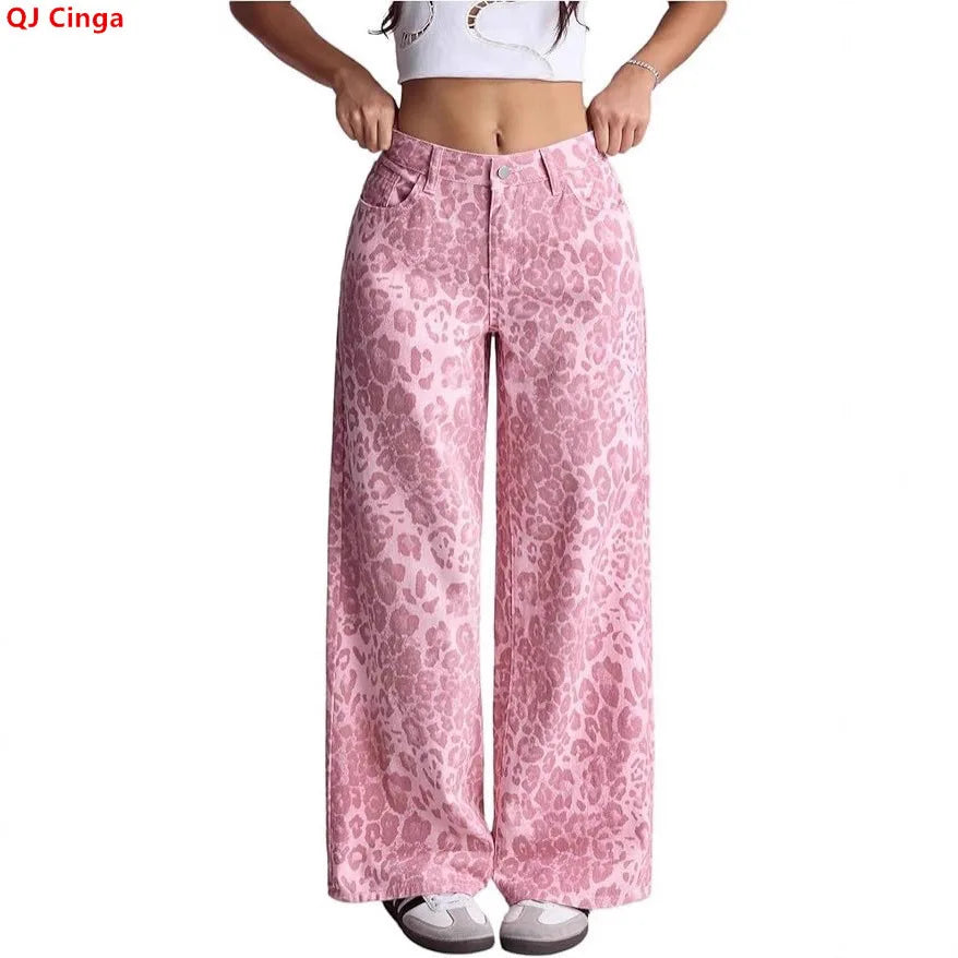 2026 New Pink Women's Jeans, Female Leopard-Print Pants for Spring and Fall.