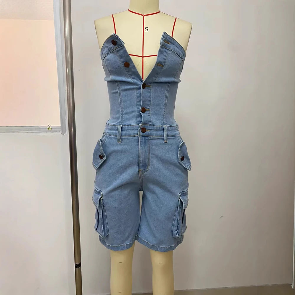 Sexy Strapless Button up Denim Romper Women Short Overalls 2025 Summer Street Casual Sleeveless Cargo Jean Jumpsuit with Pockets