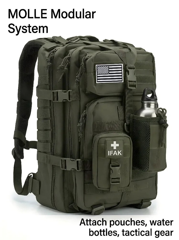 Men 45L Tactical Hiking Backpack Molle Mountaineering Water Resistant Outdoor Camping Trekking Backpacking Bushcraft Travel Rucksack Bug Out Bag Survival Emergency Large Capacity Climbing Cycling Daypack Women Durable Wear Re