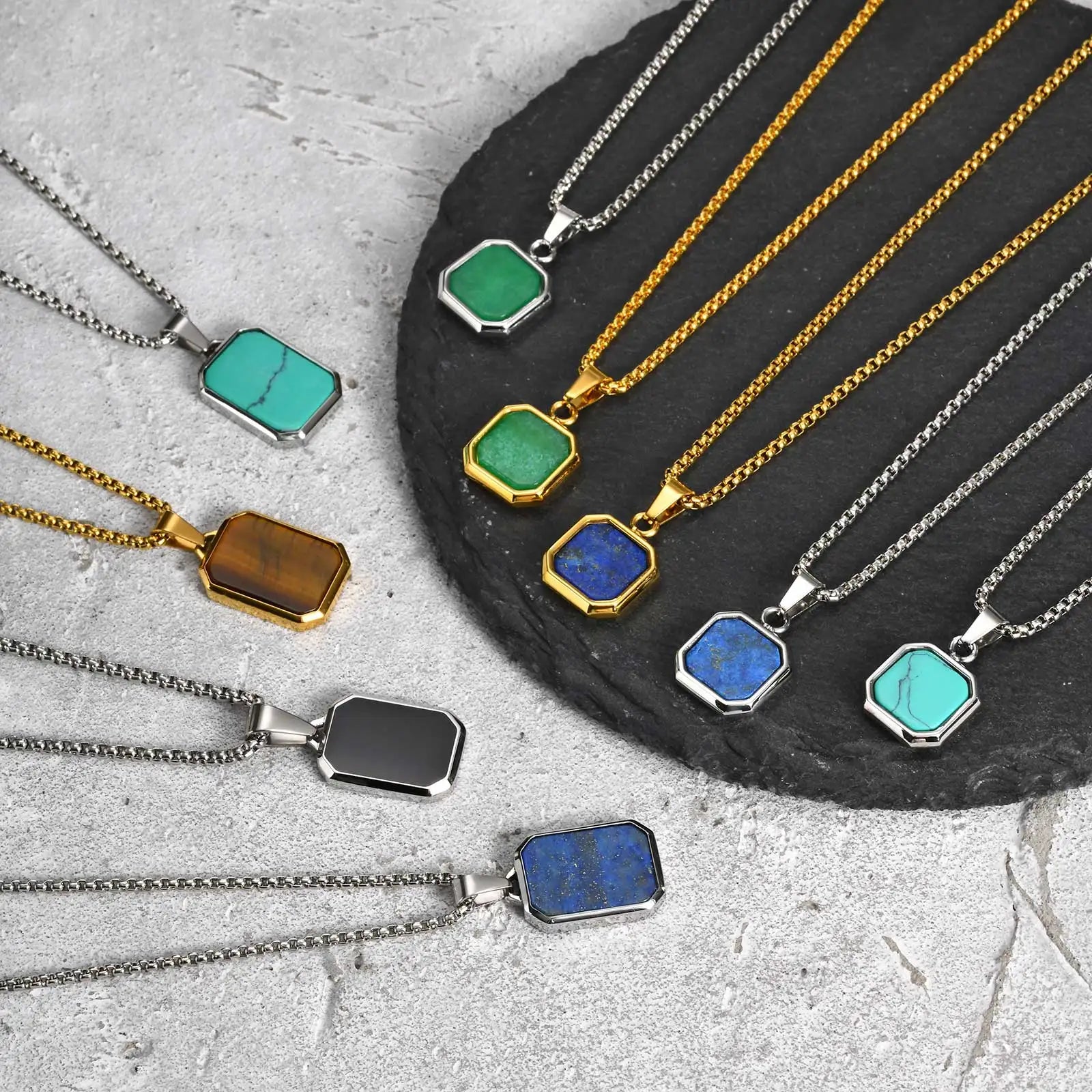 Trendy Pendant Necklaces for Men Boys,Square Natural Stone Stainless Steel Necklaces,Hip Hop Cool Healing Jewelry Gifts Main image