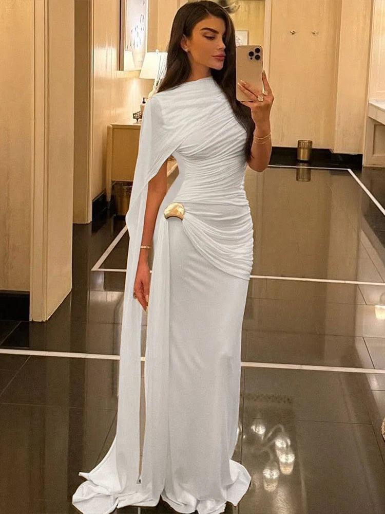 Kliou Ruched Elegant Gown Dress Woman o-Neck Sleeveless Ribbon Decoration Metal Trim High Waist Midnight Prom Party Long Bodycon