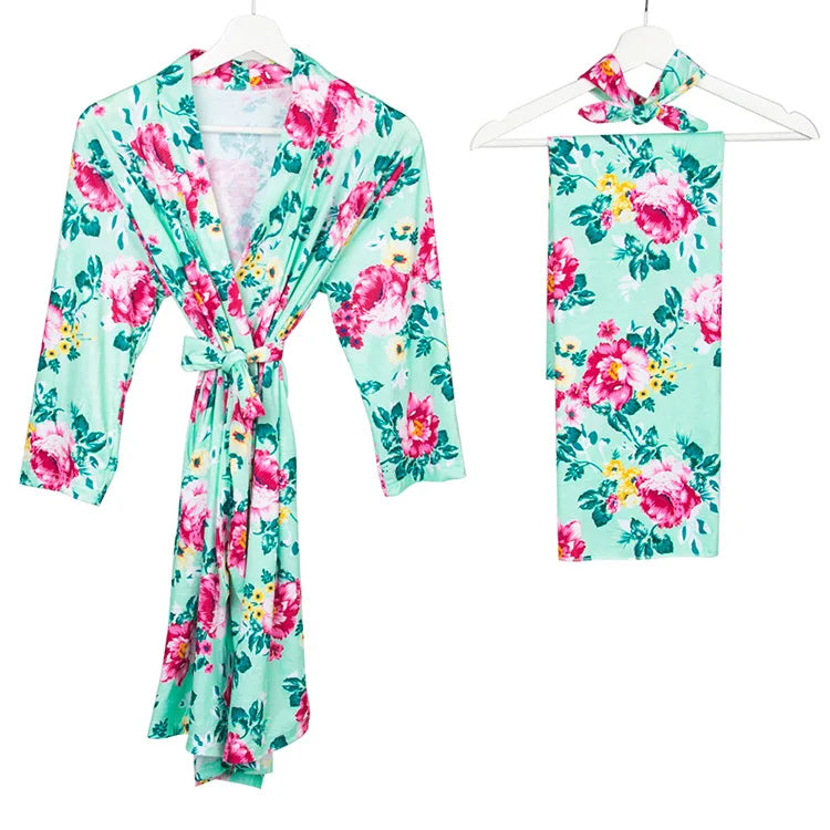 Maternity Robe,Matching Swaddle Set ,Mommy and Me Set, Floral Hospital Robe Bag,Baby Shower Gift,Mama Robe,Baby Girl Blanket