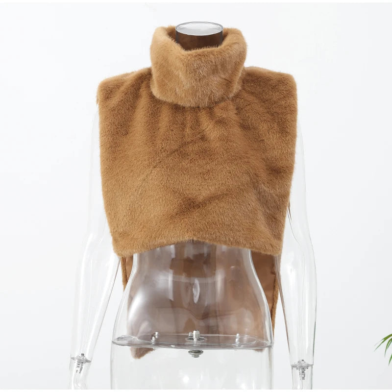 Solid Faux Fur Vest Crop Top Women Fashion Turtleneck Fluffy Short Tank Tops 2025 Winter Female Elegant Sleeveless Jacket Coat
