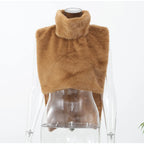 Solid Faux Fur Vest Crop Top Women Fashion Turtleneck Fluffy Short Tank Tops 2025 Winter Female Elegant Sleeveless Jacket Coat