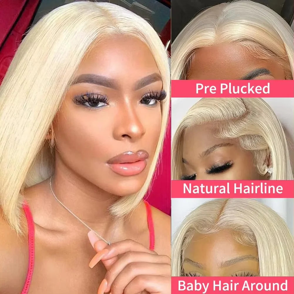 613 Blonde Bob Wig Human Hair Straight 12 Inch 180% Density 13x4 HD Transparent Lace Front Wigs Virgin Brazilian Hair For Women Main image