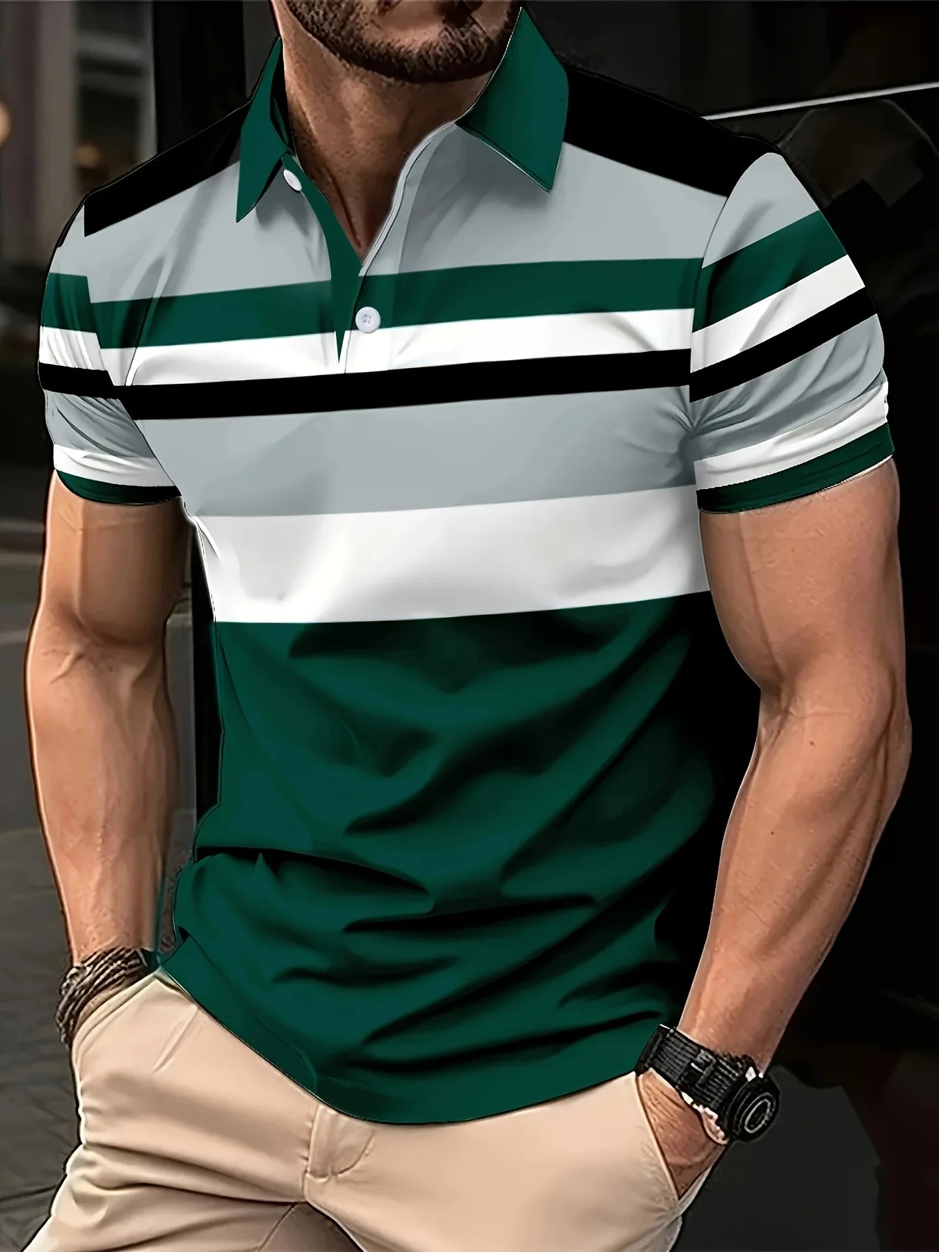 Men's Casual Stripesd Plaid 3D Printed Golf Shirt, Short-Sleeved Spring, Summer and Autumn Button Polo Shirt Polo Shirt Main image