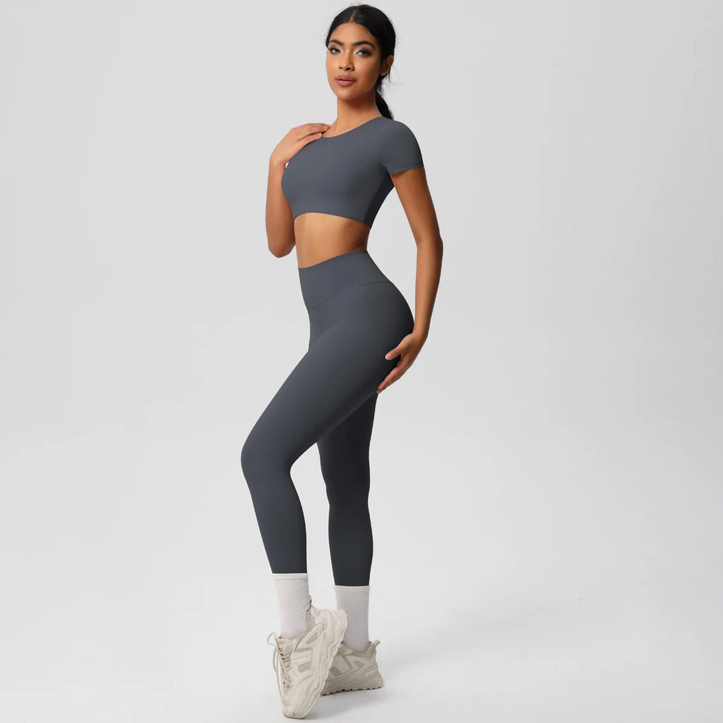 2PCS Woman Gym Sports Yoga Set Knitted Slim Workout Top Short Sleeve Quick Drying Legging Fitness Pants Running Sports Yoga Suit