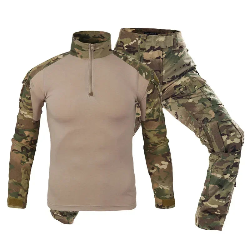 Camo Tactical Sets Outdoor Long Sleeve Wear-resisting T Shirts+Multi-pocket Tactic Cargo Pants Suit Training Workwear Combat Set