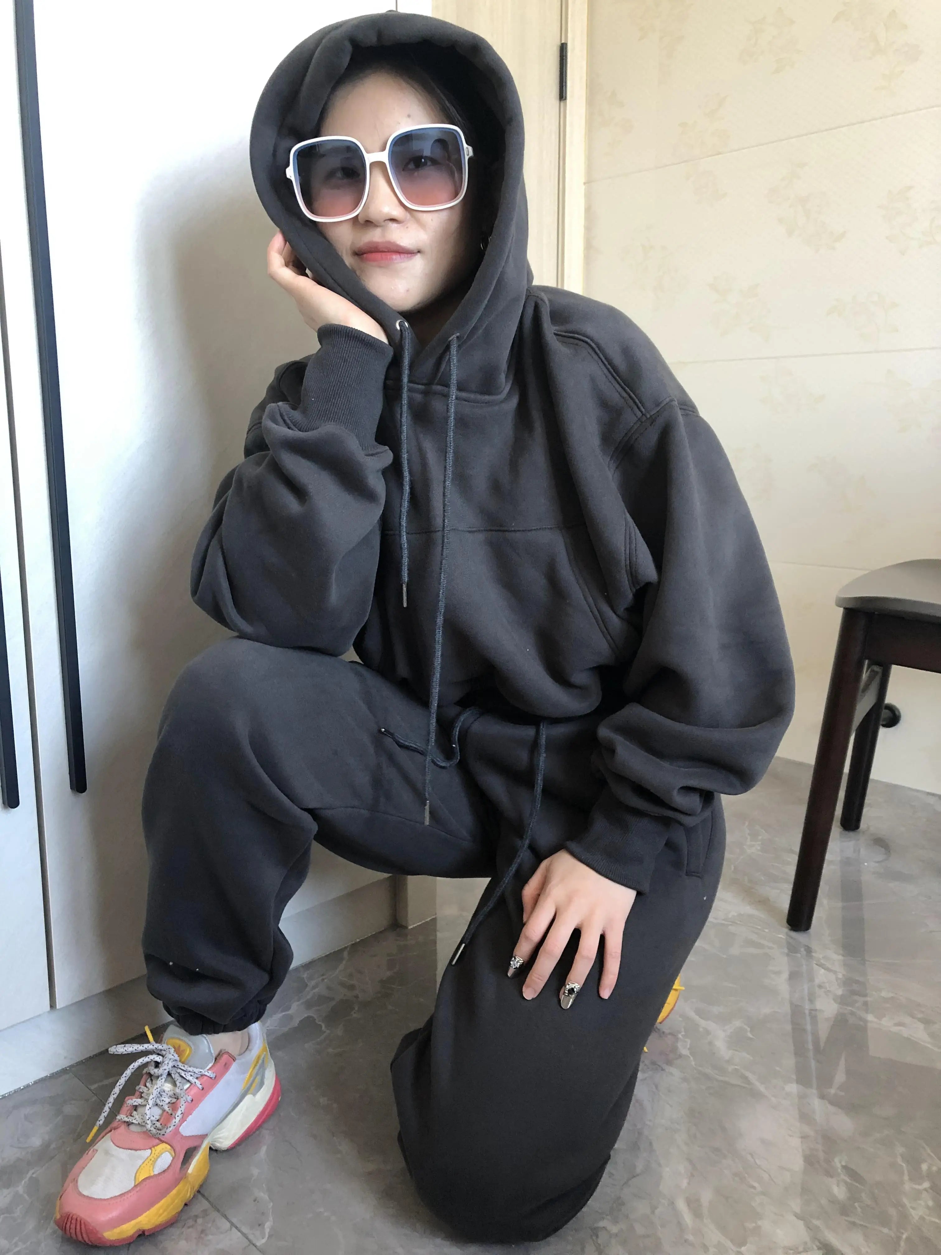 Wholesale Fleece Hoodie with Jogger Pant Sweat Suit Fall Winter 2 Piece Set Tracksuit Women Sports Outfit Two Piece Solid Casual