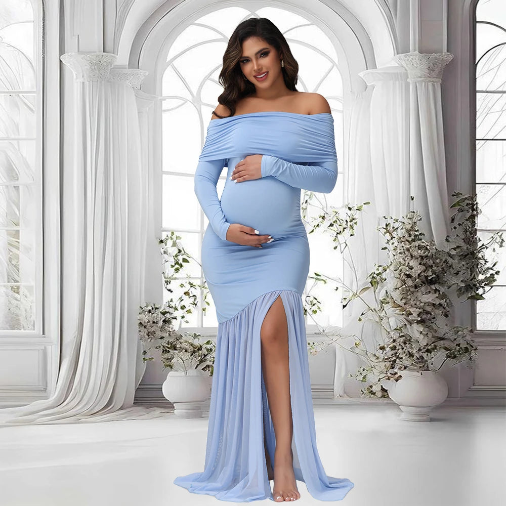 Maternity Dresses Photoshoot Off-Shoulder Slits Fishtail Hem Baby Shower Clothes For Pregnant Woman Evening Party Elegant Gown Main image