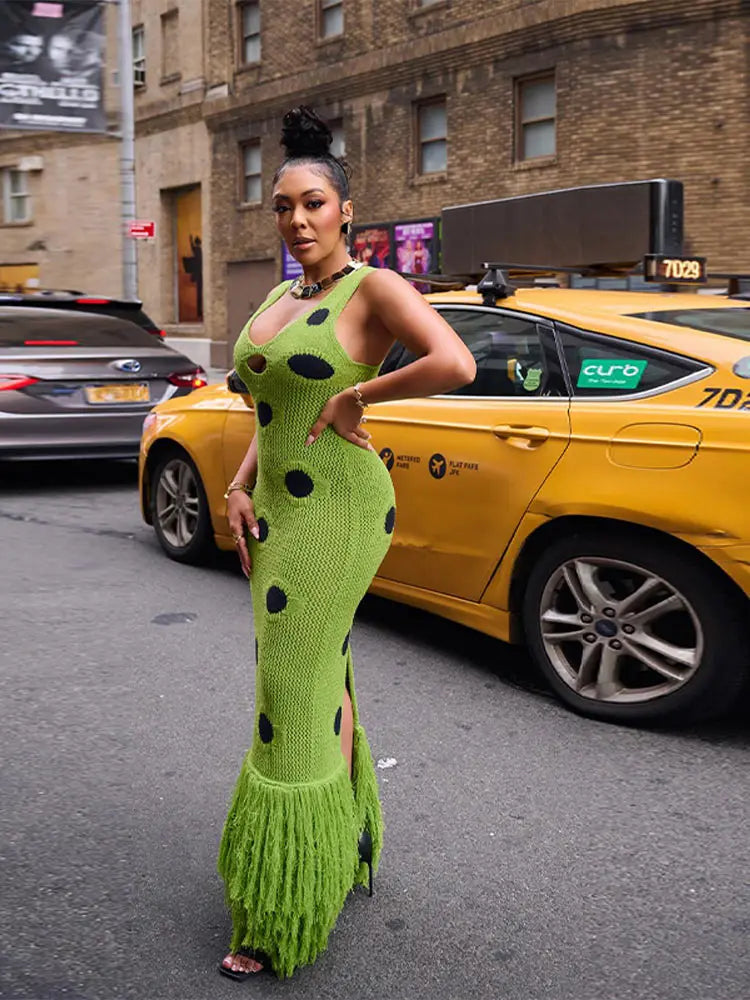 Women Sexy See Through Knitted Maxi Dress Hollow Out Deep Neck Pot Robes Tassel Hem Fork Party Vestidos 2025 New Lady Club Gown Secondary image