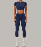 Gym Workout Yoga Fitness Sports Suit Short-sleeved Top Padded-free High-waisted Hip-lifting Trousers Outdoors Leisure Sportswear