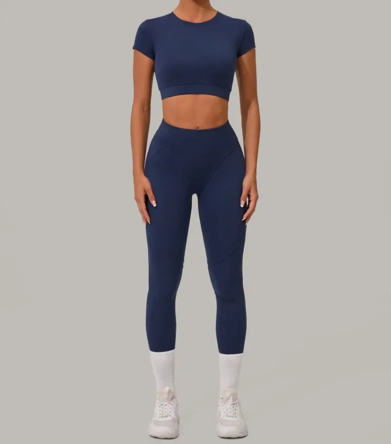 Gym Workout Yoga Fitness Sports Suit Short-sleeved Top Padded-free High-waisted Hip-lifting Trousers Outdoors Leisure Sportswear