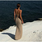 Fashion Solid V Neck Slim Fit Knit Maxi Dress Elegant Hollow Out Lace Up Backless Gown New Lady Summer Vacation Beach Vestidos